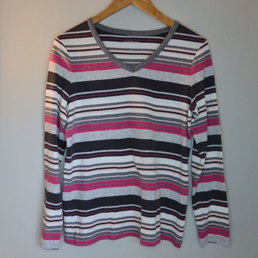 Croft & Barrow Classic Tee Striped V Neck T Shirt Womens M Gray Pink Long Sleeve